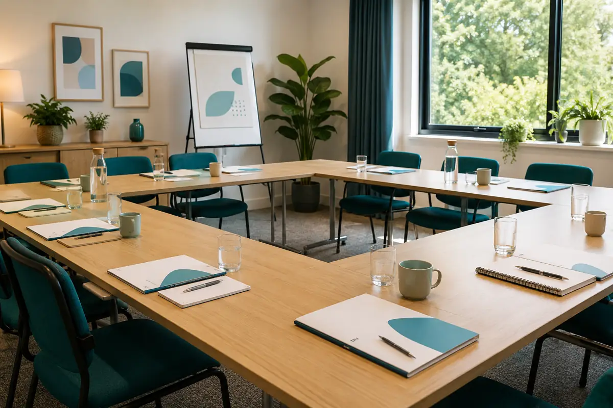 The Nur Training Academy training room set out ready for a course, with teal chairs and calm wave artwork.