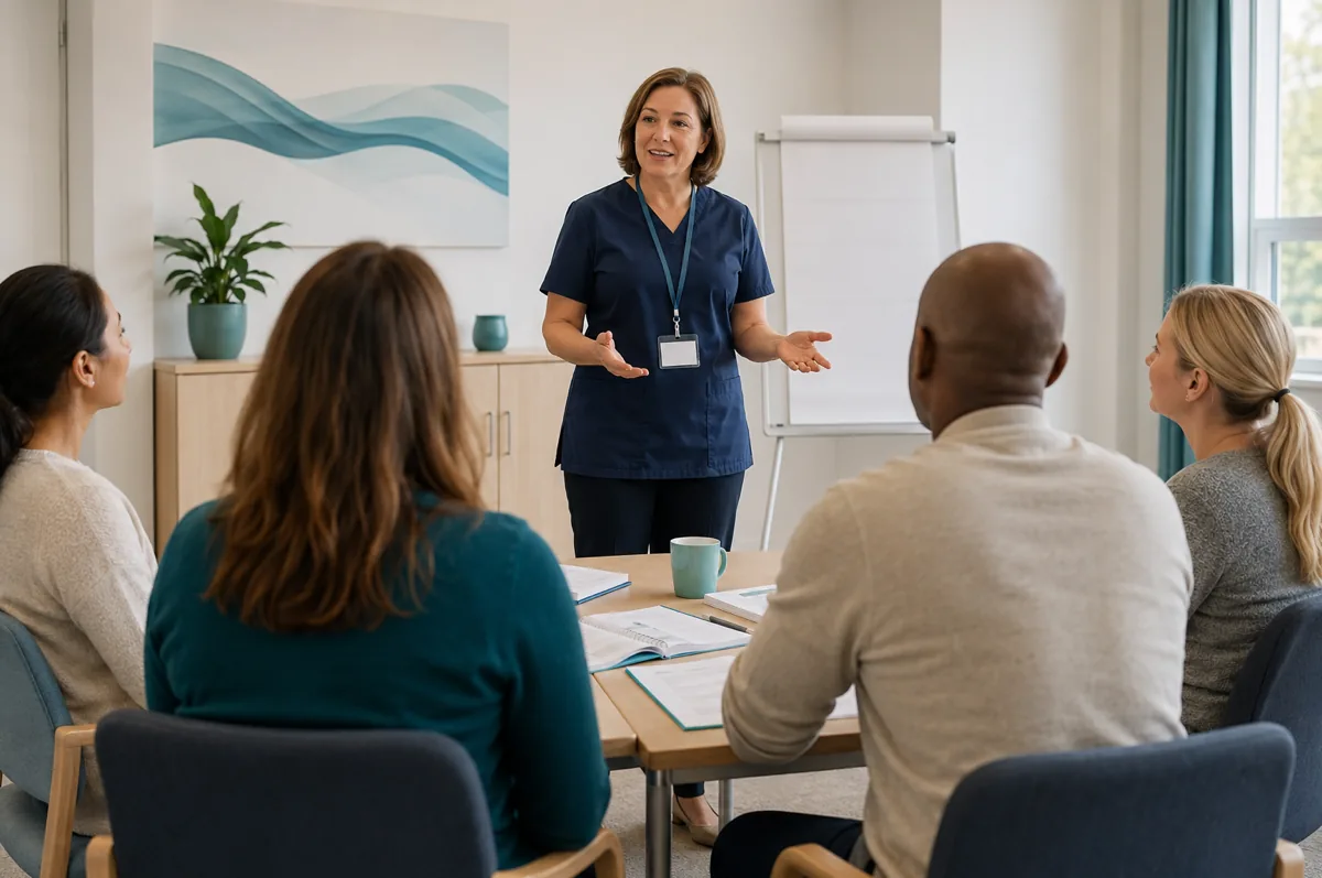 A trainer leads a group training session for care staff in a bright meeting room.