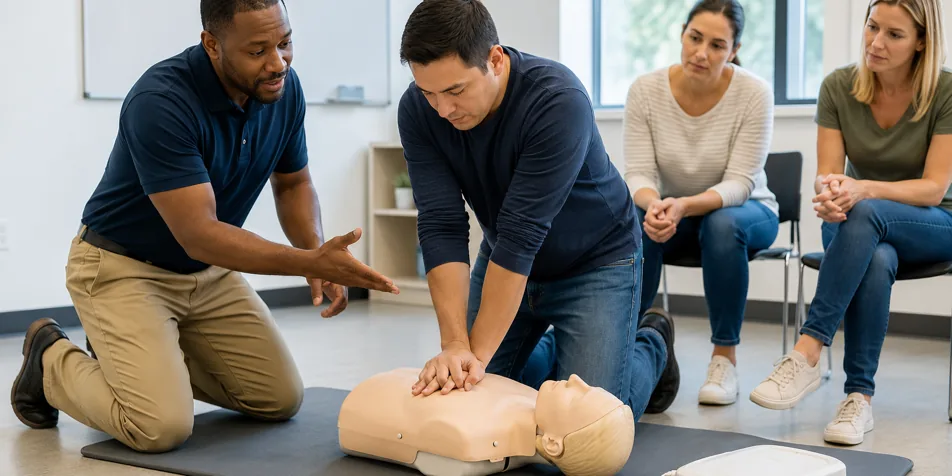 A learner practises chest compressions on a CPR manikin while a trainer coaches beside them.