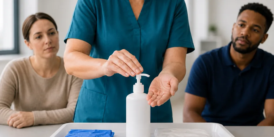 A trainer demonstrates hand hygiene technique with PPE items laid out during infection prevention and control training.