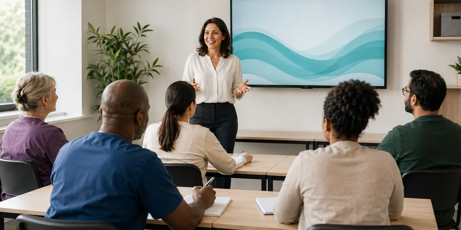 Care staff in a classroom watch a trainer present during mandatory care training.