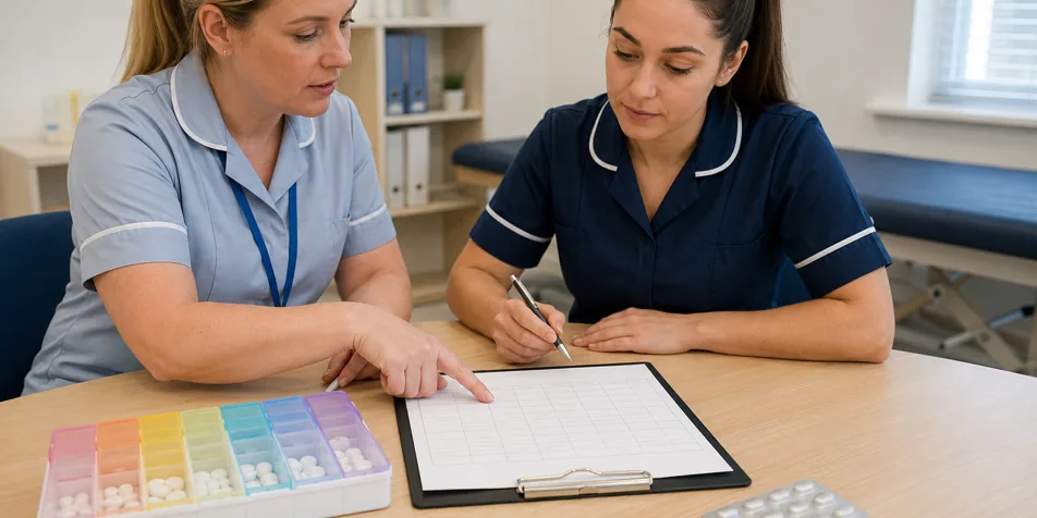 A trainer and learner practise completing a blank medication record chart beside a training dosette box.