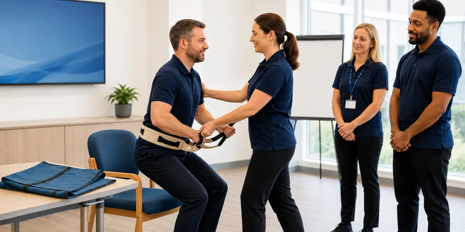 A trainer demonstrates safe moving and handling technique as a colleague practises a supported stand with a handling belt.