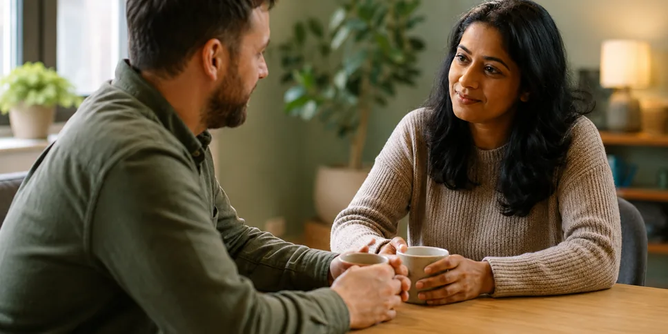 A care professional in a calm, supportive training conversation about safeguarding.