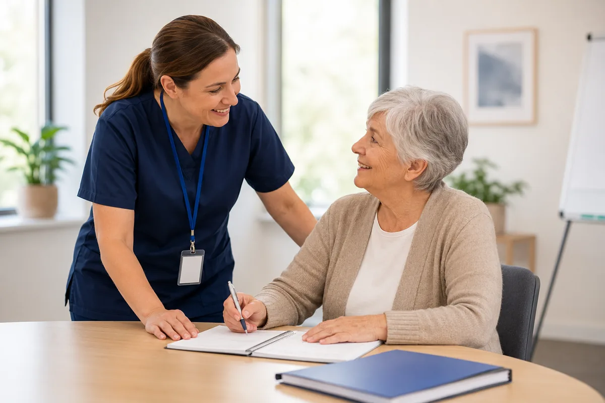 A trainer talks through course materials with a learner during a care training session.