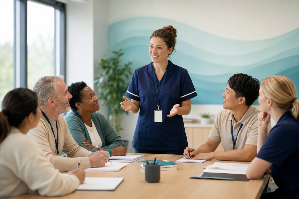A trainer leads a small group of diverse care workers through a health and social care training workshop.