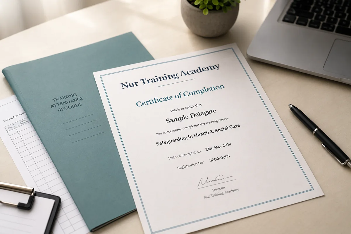 A Nur Training Academy certificate of completion on a desk beside a folder of training attendance records.
